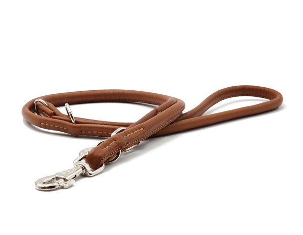 Leather leash round stitched brown-silver 2m