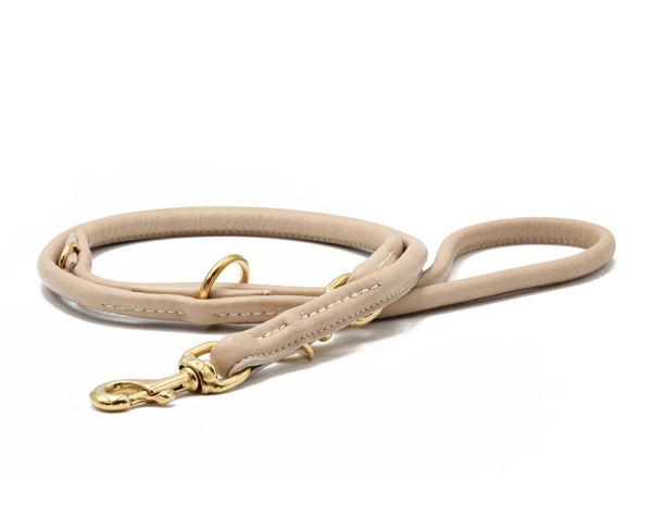 Leather leash round stitched ivory-gold 2m