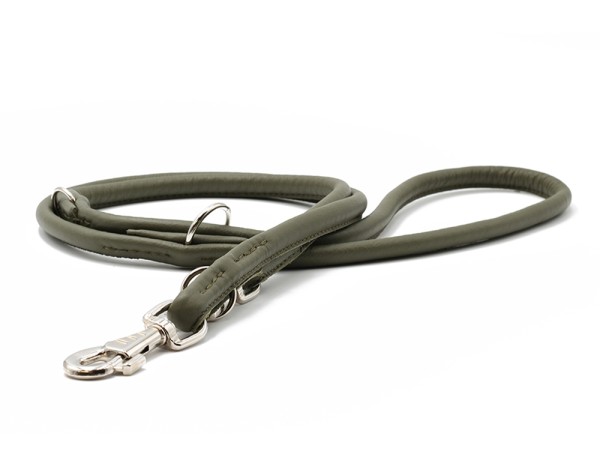Leather leash round stitched khaki-silver 2m