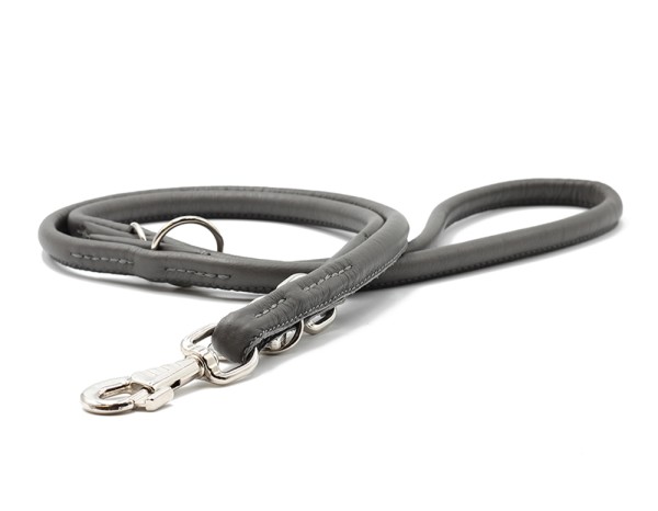 Leather leash round stitched grey-silver 2m